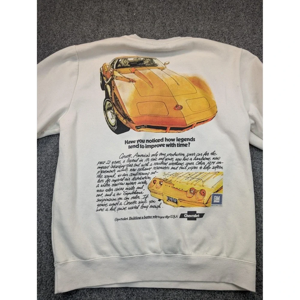 Corvette Sweatshirt Mens Large White 1974 Corvette Ad Graphic Pullover Chemistry